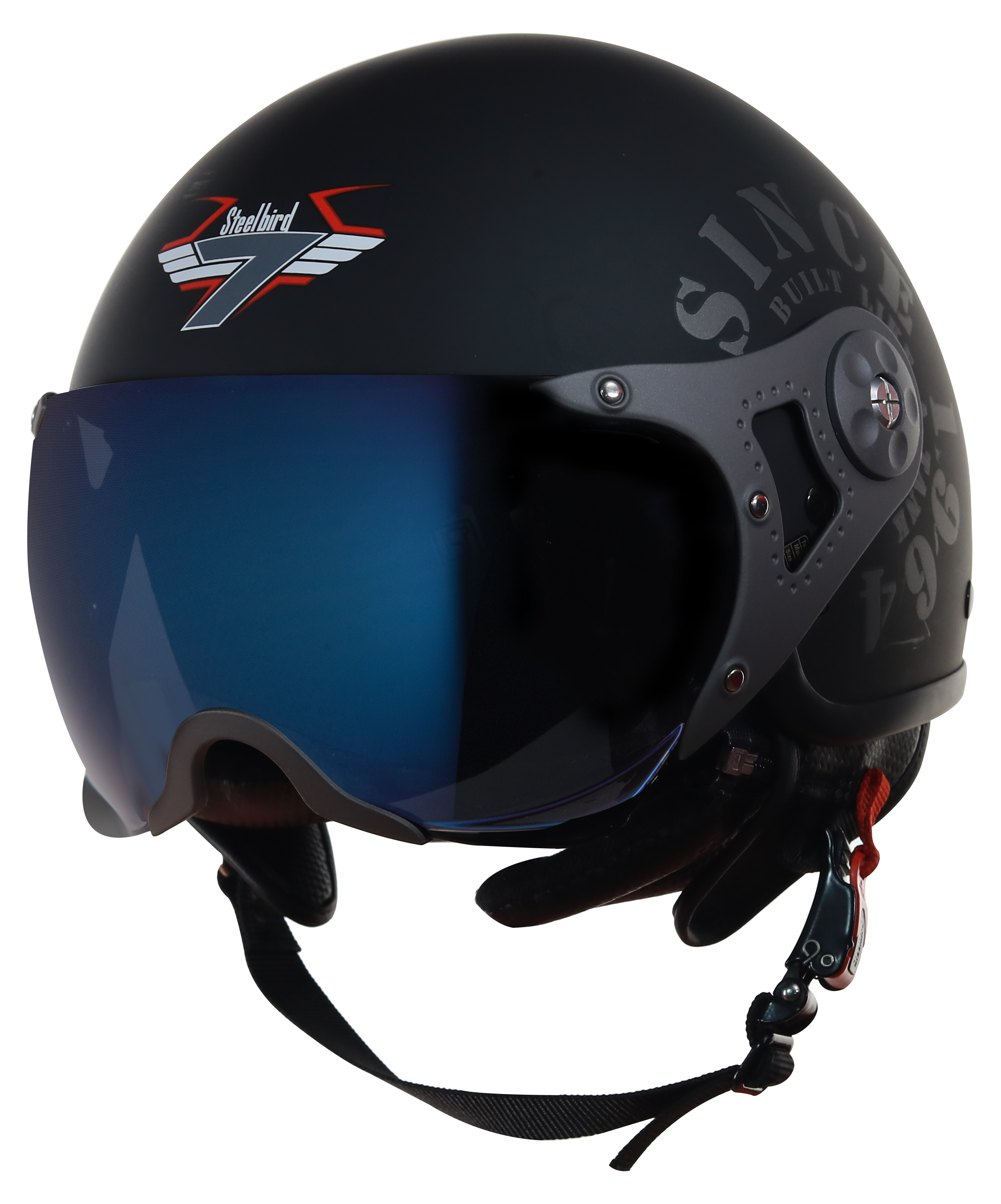 Steelbird SB-27 7Wings Tank Open Face Graphic Helmet (Matt Black Grey With Chrome Blue Visor)